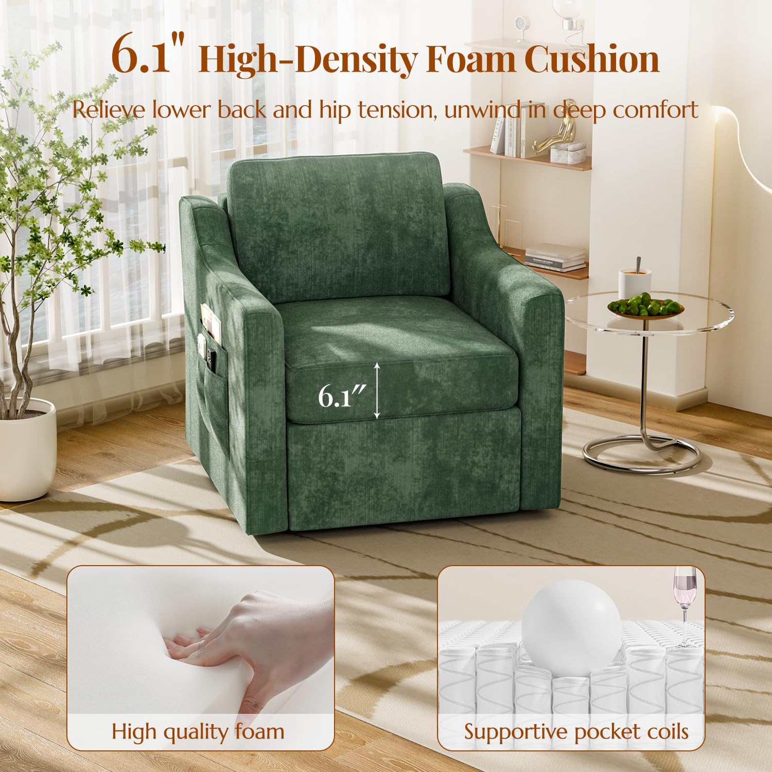 360° Swivel Accent Chair, Large Comfy Reading Chair, Square Single-Seat Armchair Upholstered Sofa with Fabric Material for Reading, Nursery, Living Room, Bedroom, Lounge, Hotel, Green