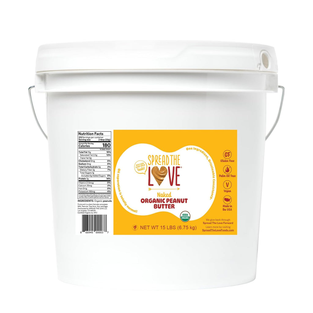 Spread The Love NAKED Organic Peanut Butter (Organic, All Natural, Vegan, Gluten-free, Creamy, Dry-Roasted, No added salt, No added sugar, No palm oil) (15-Pounds)