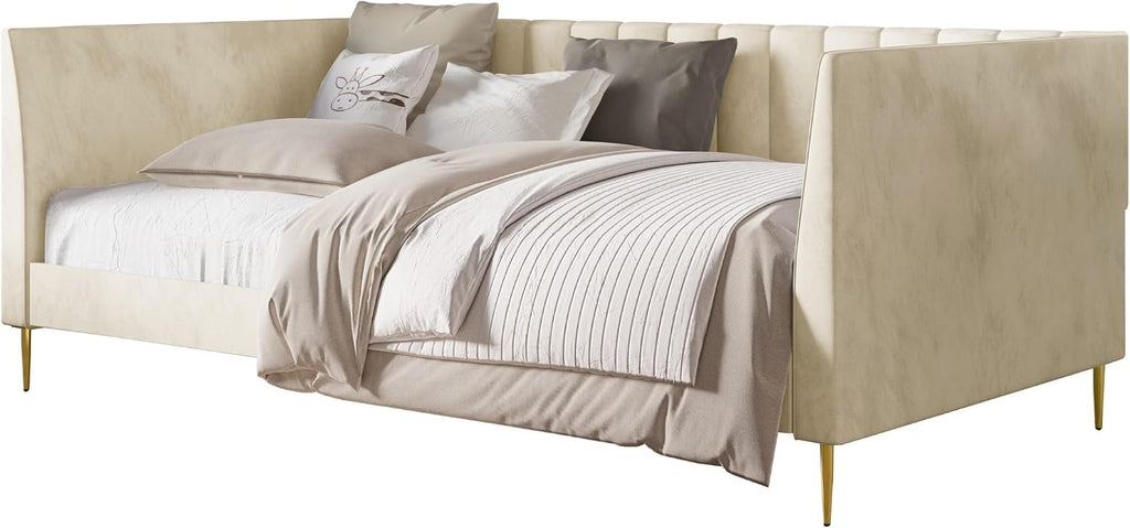 HOME DESIGN Dayton Twin Upholstered Daybed with Tuxedo Arms, Vertical Channel Tufting, Plush Velvet Cushions, and Gold Metal Legs, Beige