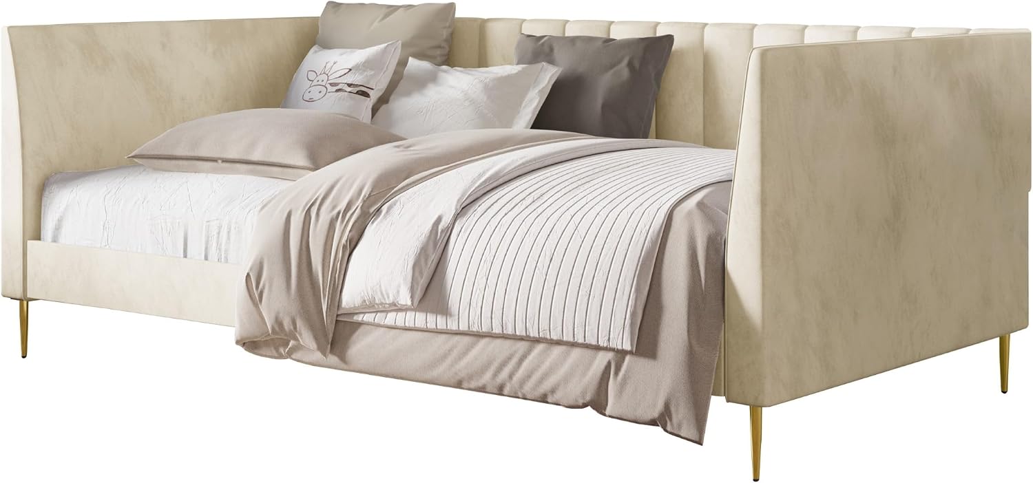 HOME DESIGN Dayton Twin Upholstered Daybed with Tuxedo Arms, Vertical Channel Tufting, Plush Velvet Cushions, and Gold Metal Legs, Beige