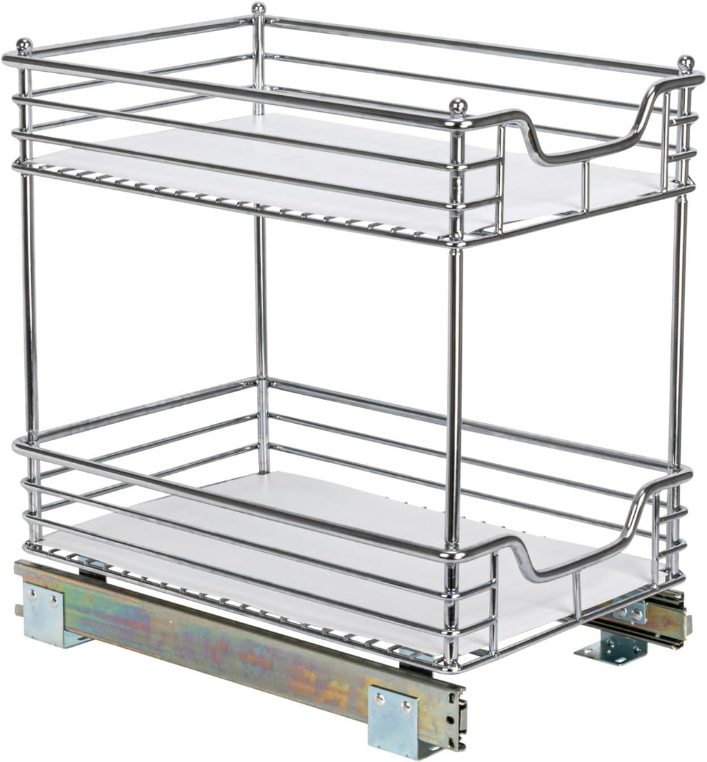Household Essentials Glidez 2‑Tier Multipurpose Large Chrome‑Plated Steel Pull‑Out/Slide‑Out Under Cabinet Organizer with Plastic Liner, Chrome Finish