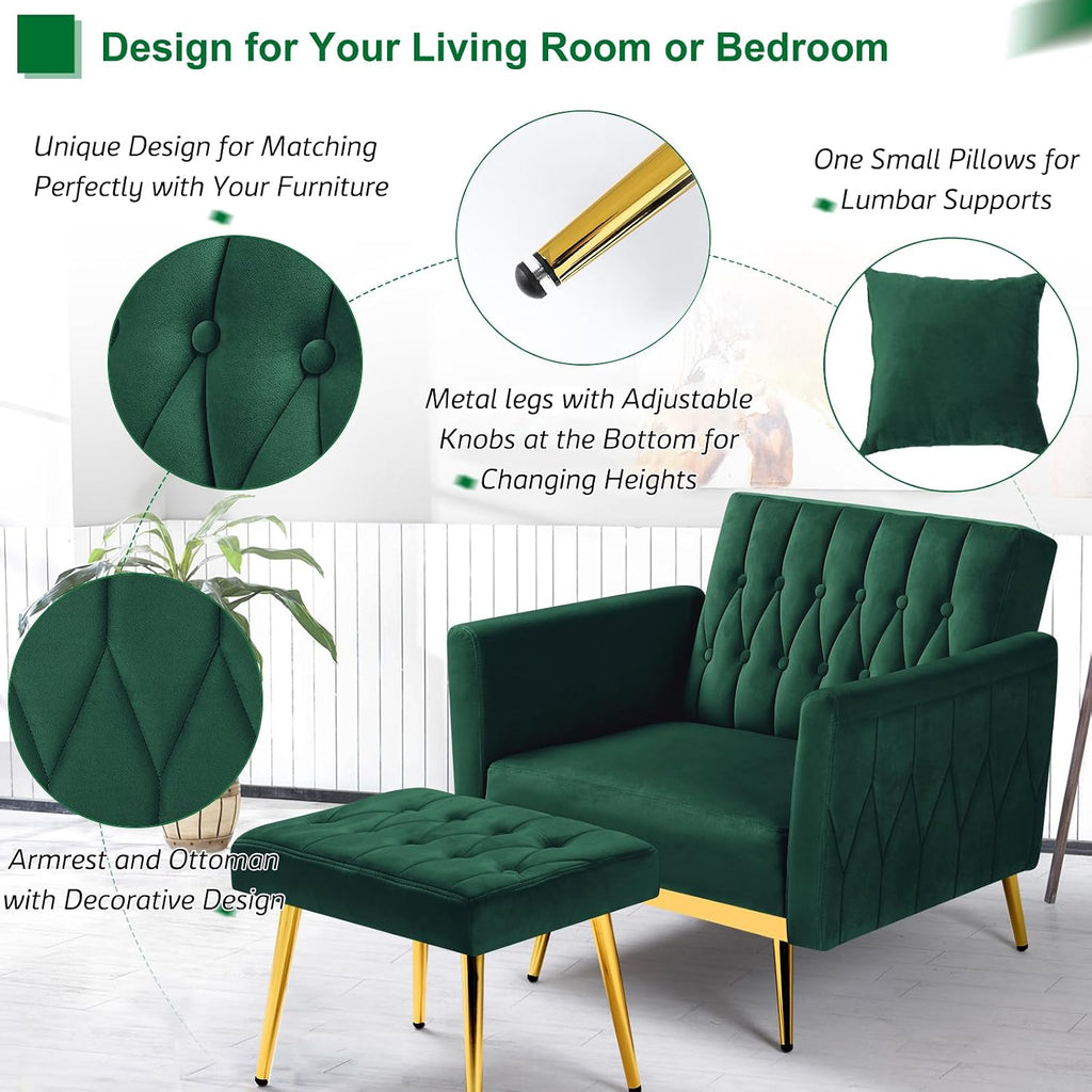 Velvet Accent Chair with Adjustable Armrests and Backrest, Button Tufted Lounge Chair, Single Recliner Armchair with Ottoman and Pillow for Living Room, Bedroom, Green