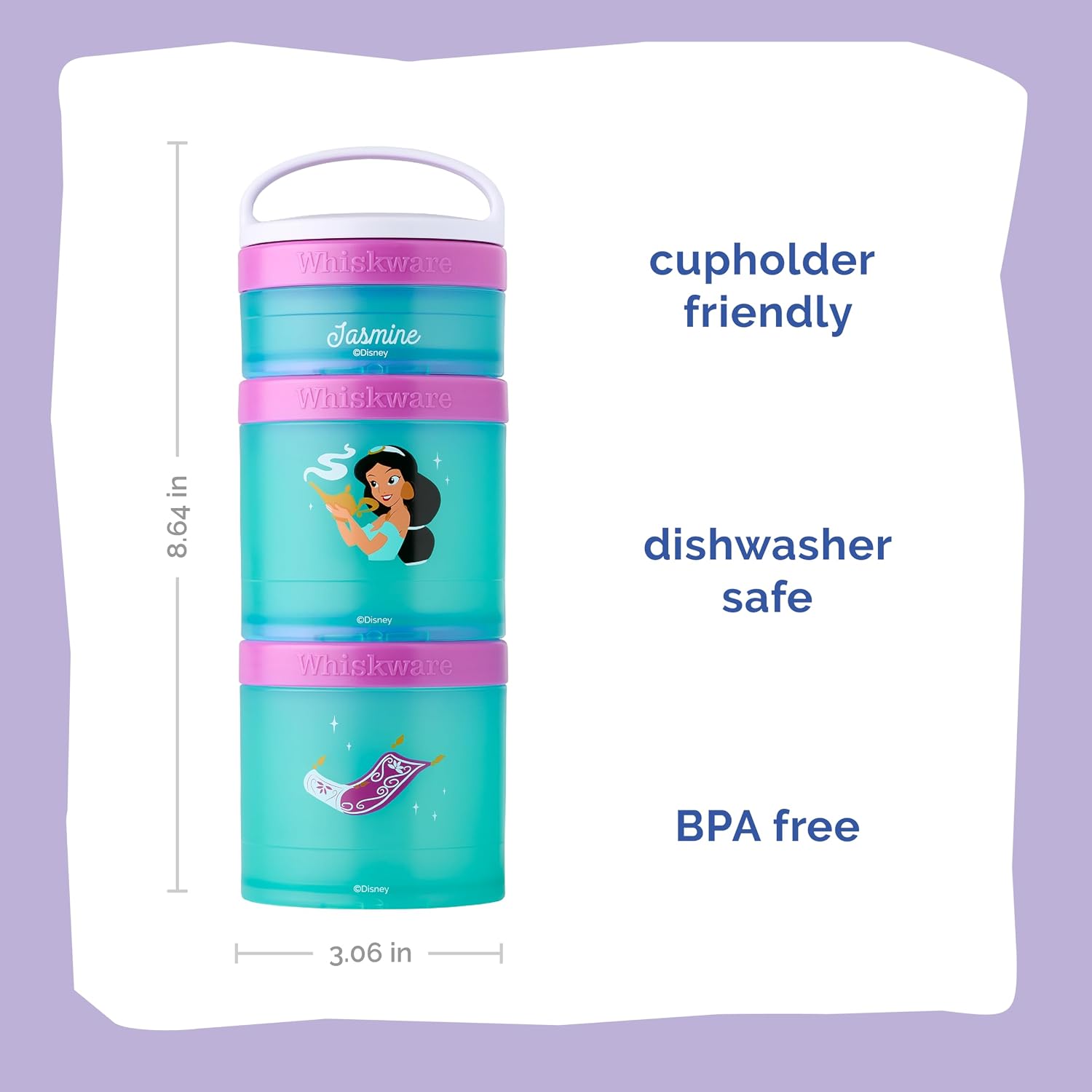 Whiskware Disney Princess Aladdin, Stackable Snack Containers for Kids, 3 Stackable Snack Cups for School or Travel, Backpack and Cupholder Friendly, Jasmine and Magic Carpet (Pack of 12)