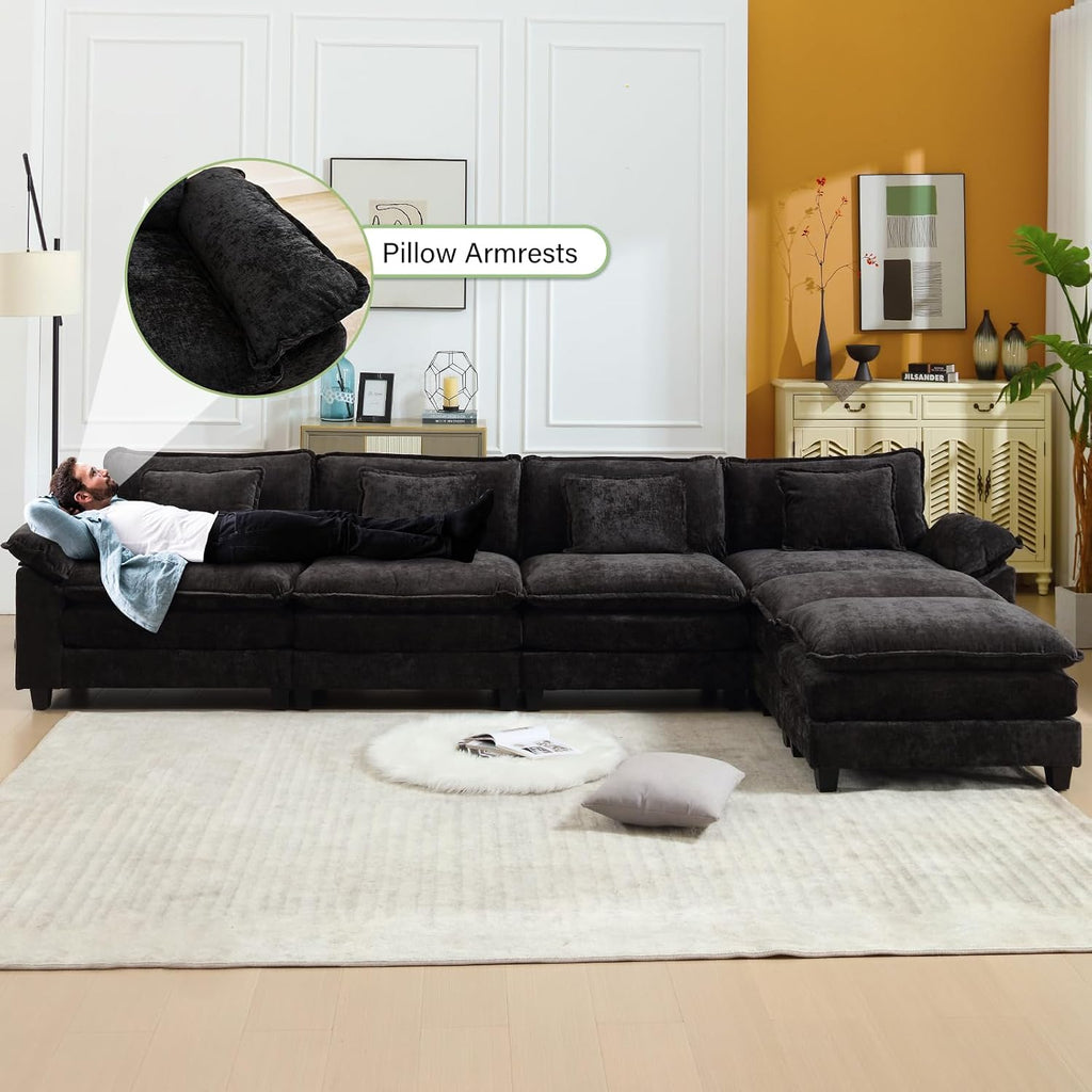 Oprisen 154' Modular Sectional Sofa, Comfy Cloud Couch Sectional Sofa with Ottoman, Chenille Sofa Sleeper Deep Seat Sofa with Throw Pillows for Living Room (Black, 154'- U Shape)