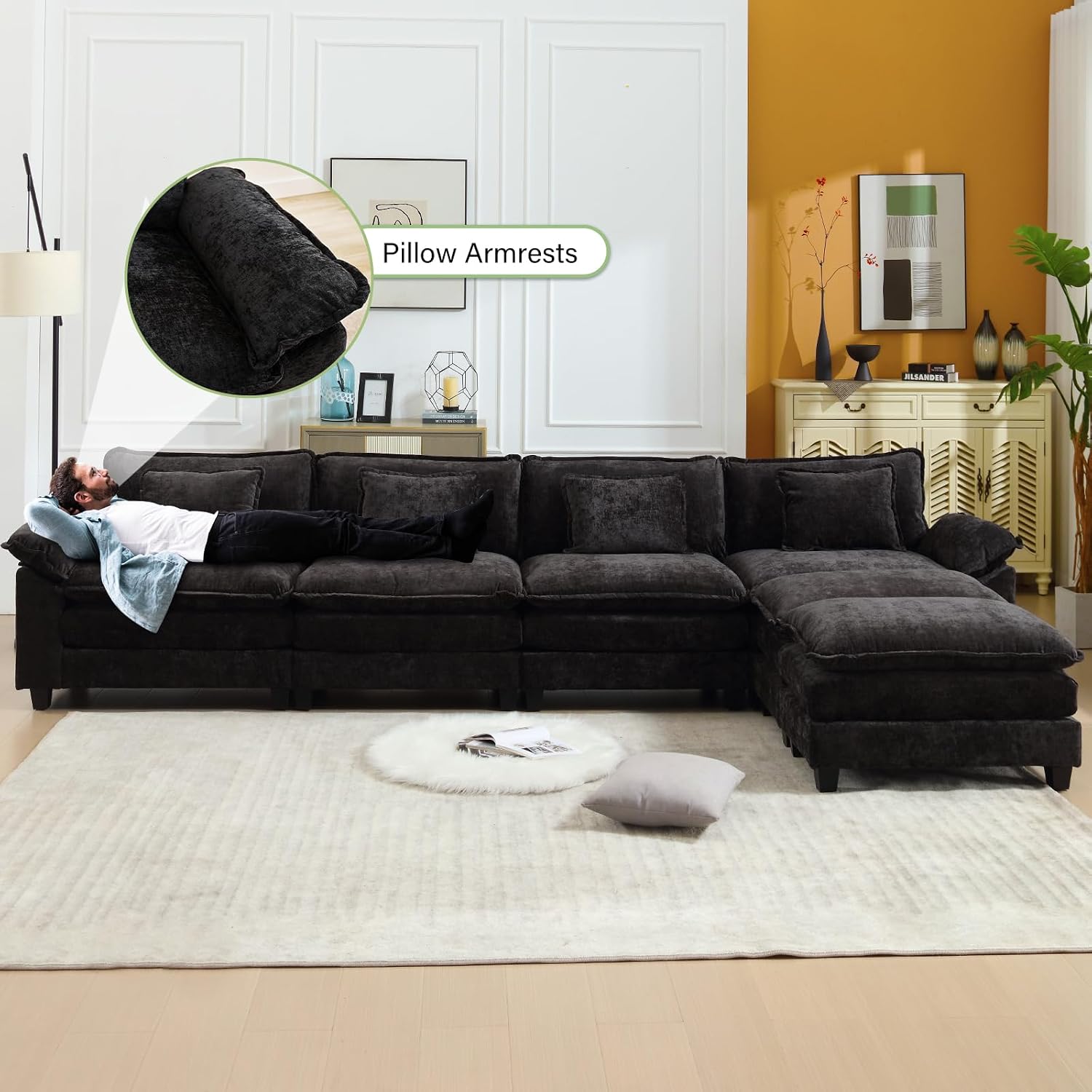 Oprisen 154' Modular Sectional Sofa, Comfy Cloud Couch Sectional Sofa with Ottoman, Chenille Sofa Sleeper Deep Seat Sofa with Throw Pillows for Living Room (Black, 154'- U Shape)