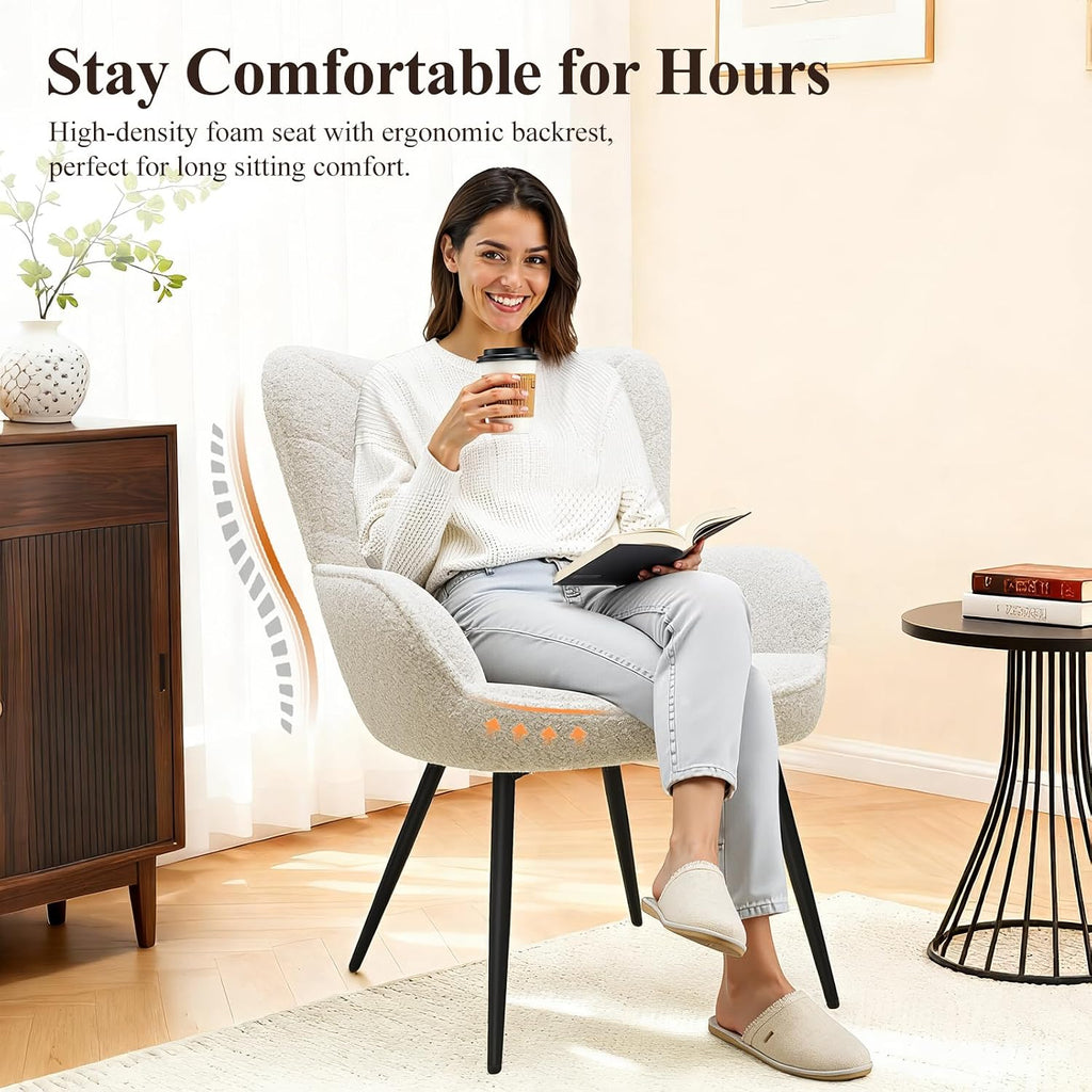 MALOL Mid-Century Modern Beige Sherpa Accent Chair, Upholstered Armchair for Living Room/Bedroom/Reading Corner, Curved Back & Padded Seat, High-Density Cushion, Metal Legs, Soft Cozy Fabric