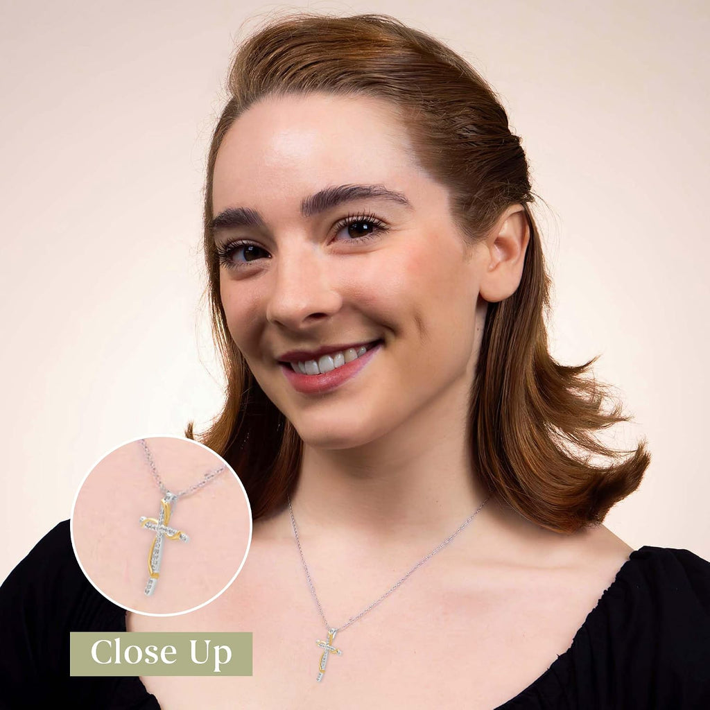 GILDED 14K Yellow Gold over 925 Sterling Silver Necklace for Women with Natural Diamond and Twist Cross Pendant, 14K Gold Plated over Sterling Silver, 925 Sterling Silver, 18' Cable Chain, 1/4 Carat Total Weight Diamonds & Elegant Gift Box Included