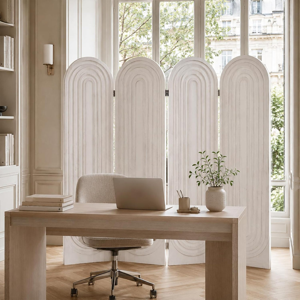 Room Divider and Folding Privacy Screen 4 Panel Wood Arched Room Divider Wall, Separators Divider for Room Separation, Folding Portable Partition Screen for Home Office Bedroom (White)