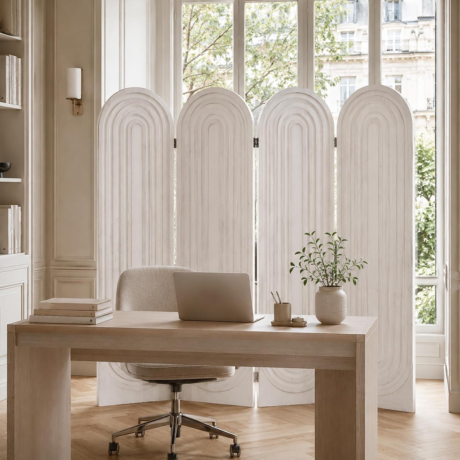 Room Divider and Folding Privacy Screen 4 Panel Wood Arched Room Divider Wall, Separators Divider for Room Separation, Folding Portable Partition Screen for Home Office Bedroom (White)