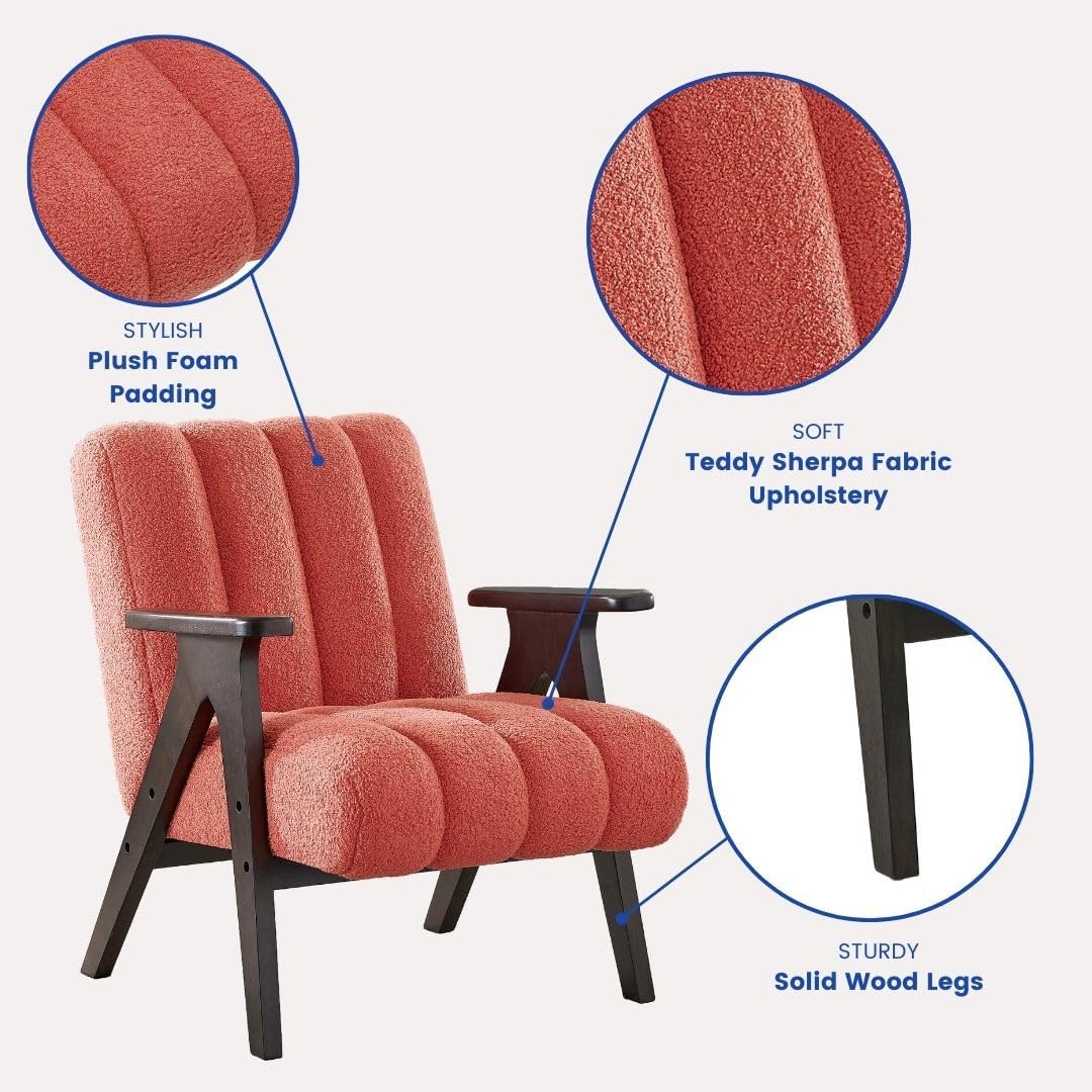 Roundhill Furniture Rella Modern Teddy Sherpa Accent Chair with Espresso Wood Frame, Coral