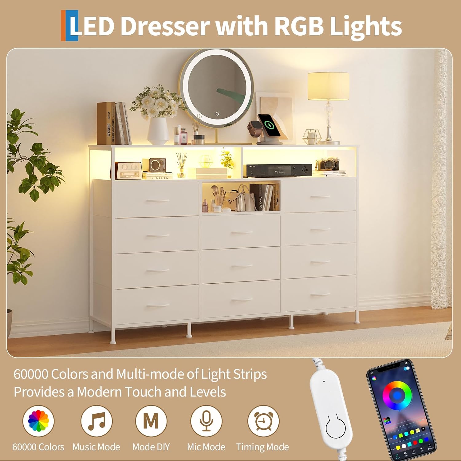 Dresser for Bedroom with LED Lights & Charging Station, 11 Drawer Dressers & Chests of Drawers, Steel Frame, Wood Top, 55 ' Fabric Dresser TV Stand for Bedroom,Hallway, Storage Organization, Entryway