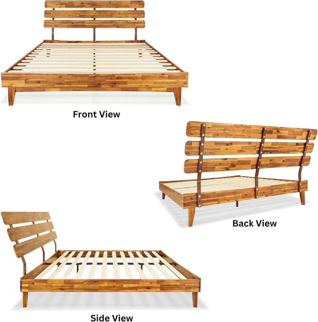Bme Caden King Size Bed Frame and Adjustable Headboard, 15 Inch Mid Century Retro Style - Solid Acacia Wood - No Box Spring Needed - 12 Strong Wood Slat Support - Easy Assembly - Caramel