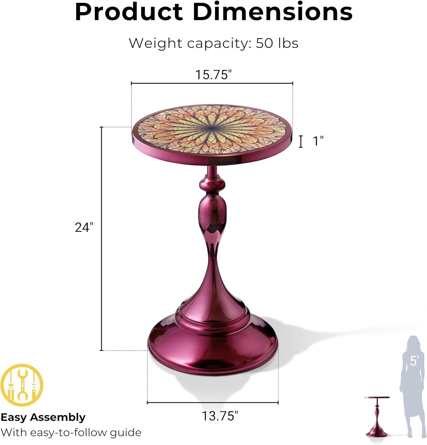 Homes: Inside + Out Halric Modern 24' Tall Round End Table with Decorated Tabletop and Iron Metal Base, Accent Furniture, Elegant Pedestal Stand for Living Room, Home Office, Chrome Purple