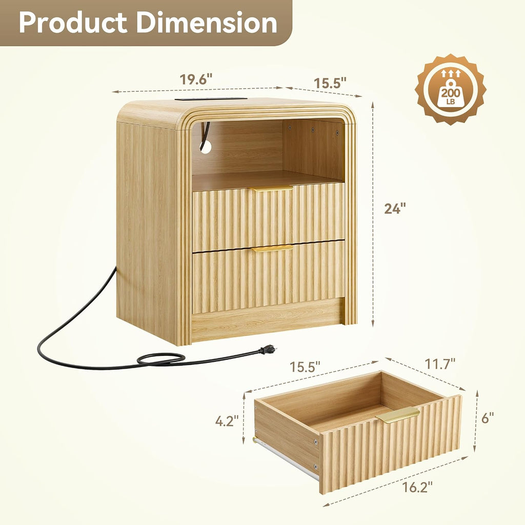 Decofy Fluted Nightstand Set of 2 with Charging Station, 19.7'' Wide Morden End Table with USB/Type-C Ports, 2 Drawers & Open Shelf, Curved Profile Design, Wood Bedside Table for Bedroom (Oak)