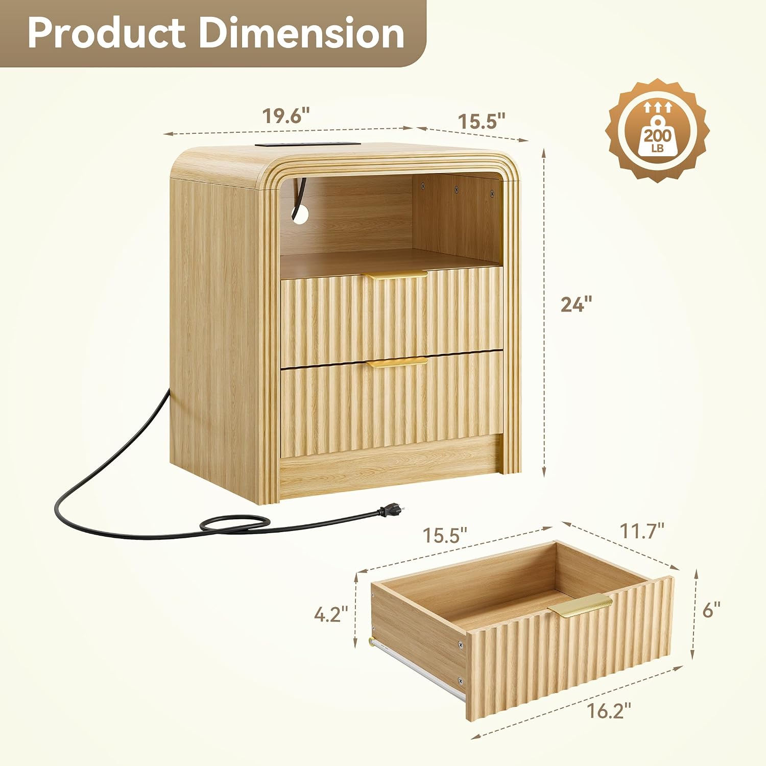 Decofy Fluted Nightstand Set of 2 with Charging Station, 19.7'' Wide Morden End Table with USB/Type-C Ports, 2 Drawers & Open Shelf, Curved Profile Design, Wood Bedside Table for Bedroom (Oak)