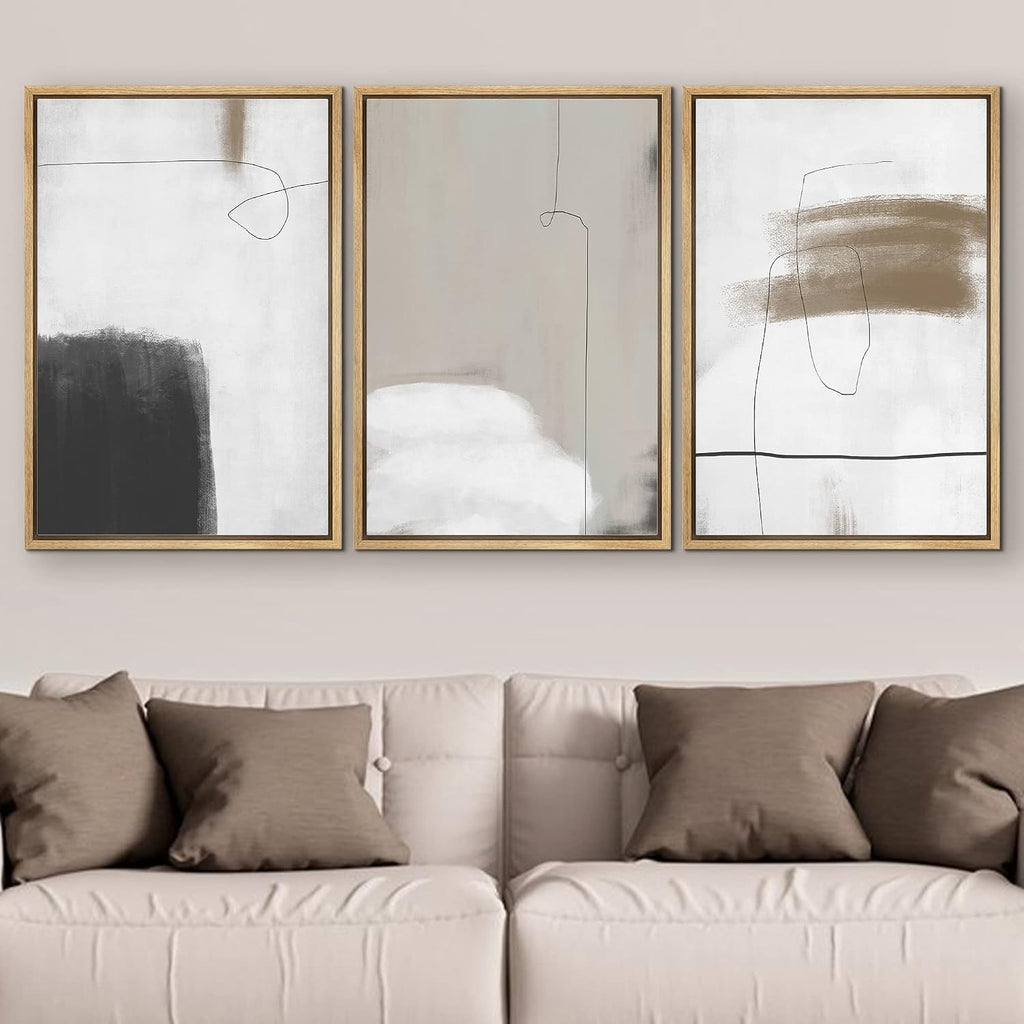 SIGNFORD Framed Canvas Print Wall Art Set Grunge Dark Watercolor Paint Stroke Abstract Shapes Illustrations Modern Art Bohemian Nordic Relax/Calm for Living Room, Bedroom, Office - 16'x24'x3 Natural