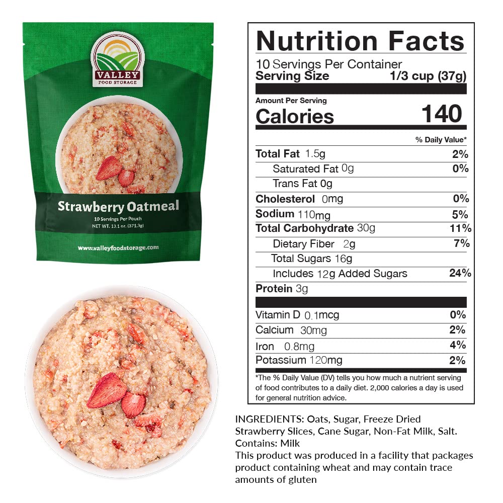 Valley Food Storage Freeze Dried Strawberry Oatmeal | 10-Bag Bucket, 100 Servings | Premium Emergency Food Supply with 25 Year Shelf Life | Non-GMO Freeze Dried Breakfast & Prepper Food