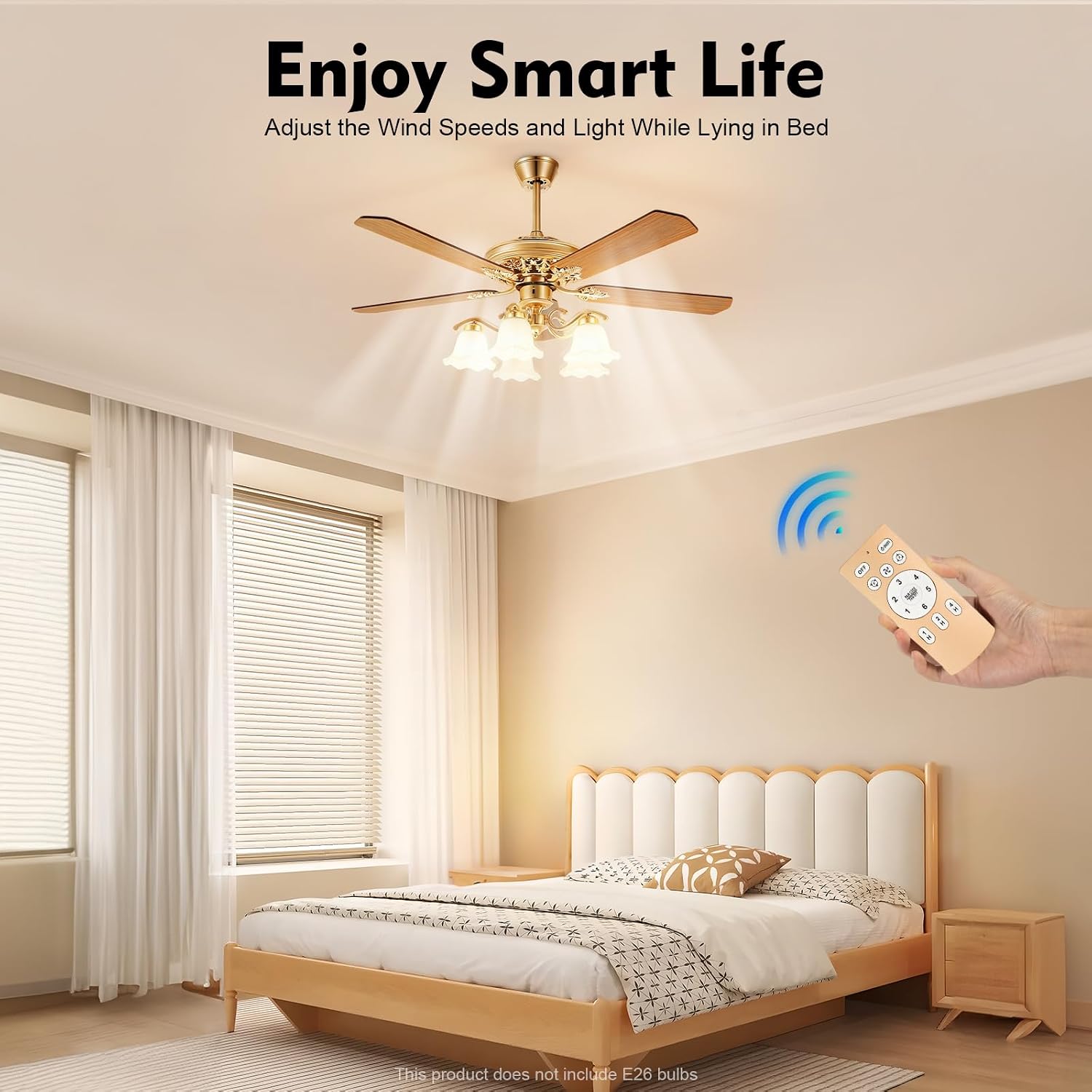 52' Vintage Ceiling Fan with Light - Remote Control 6-Speed Flush Mount Fan with LED, 5 Wood Blades for Bedroom/Living Room/Dining Room (Gold,5203CFM)