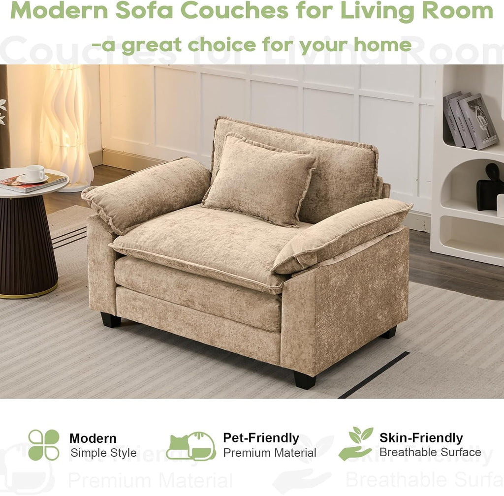 Oprisen Modular Sectional Sofa, Comfy Cloud Couch Sectional Sofa, Chenille Sofa Sleeper Deep Seat Sofa with Throw Pillows for Living Room (Khaki, 53'- Single Seat)
