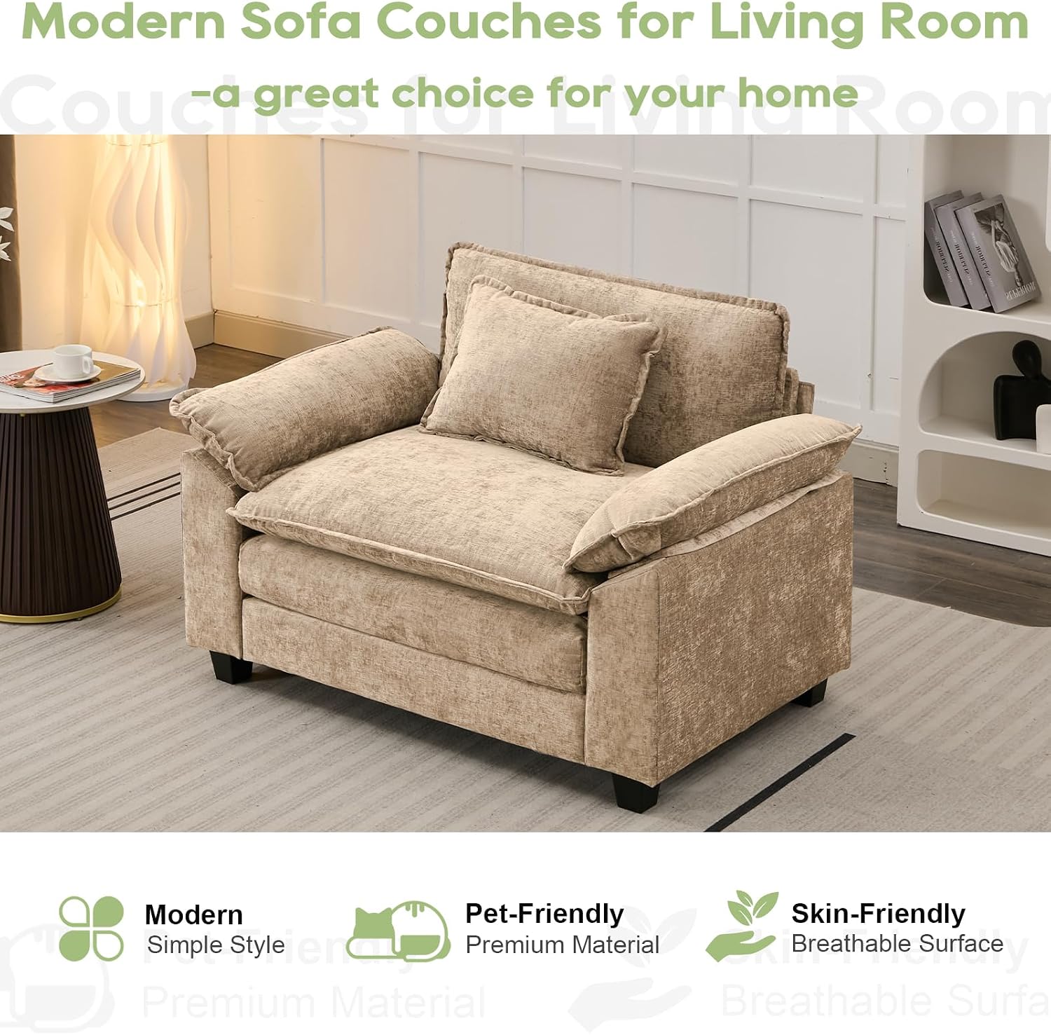 Oprisen Modular Sectional Sofa, Comfy Cloud Couch Sectional Sofa, Chenille Sofa Sleeper Deep Seat Sofa with Throw Pillows for Living Room (Khaki, 53'- Single Seat)