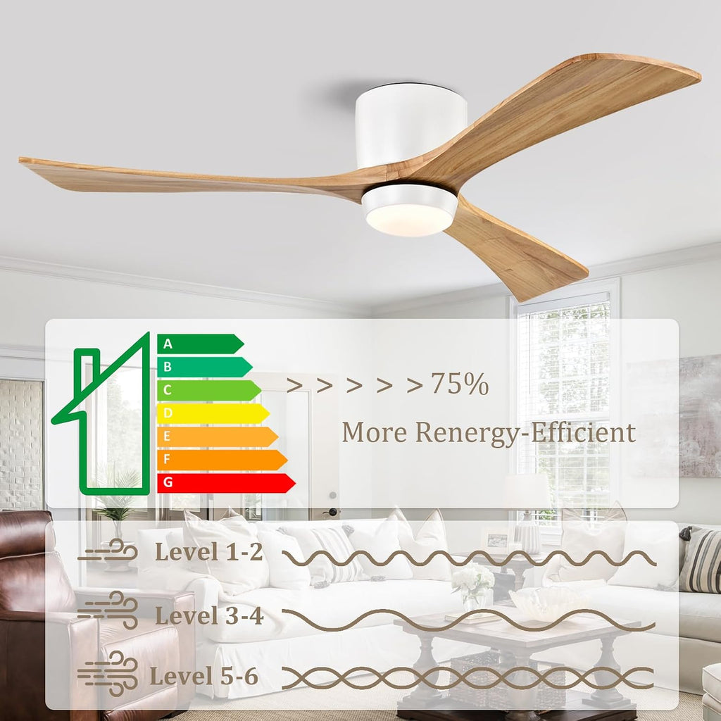 52inches Ceiling Fan with Lights,Wooden Flush Mount Ceiling Fans with Remote Control,Dimmable Light,3 CCT,6 Speeds,Noiseless DC Motor,Ceiling Fan for Bedroom,Living Room,Office,Indoor,White Walnut