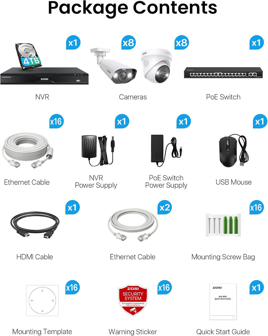 ZOSI 32CH 4K PoE Security Camera System, 16pcs 8MP Outdoor Indoor IP Cameras, Face Person Vehicle Detection, 2 Way Audio, Spotlight Siren, 32 Channel 4K NVR with 4TB HDD for 24/7 Recording