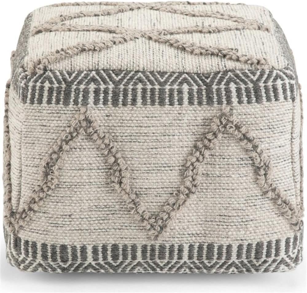 SIMPLIHOME Sweeney Square Pouf - 18 inch Wide Upholstered Wool and Cotton Handloom Woven Ottoman in Grey and Natural, Boho-Style Footstool, Extra Seating or Accent Piece for Living Room, Assembled