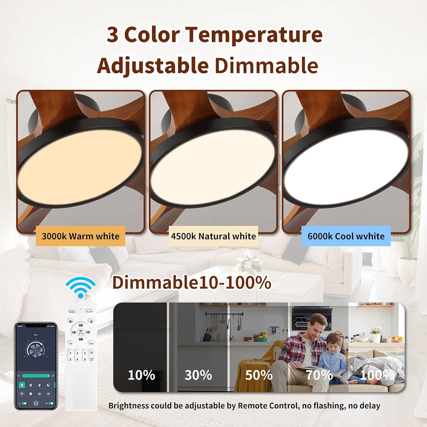 Wood Ceiling Fans with Lights and Remote Control LED Dimmable 52Inch Ceiling Fan DC Motor Reversible 5 Blade Wooden Ceiling Fans for Living Patio Matte Black