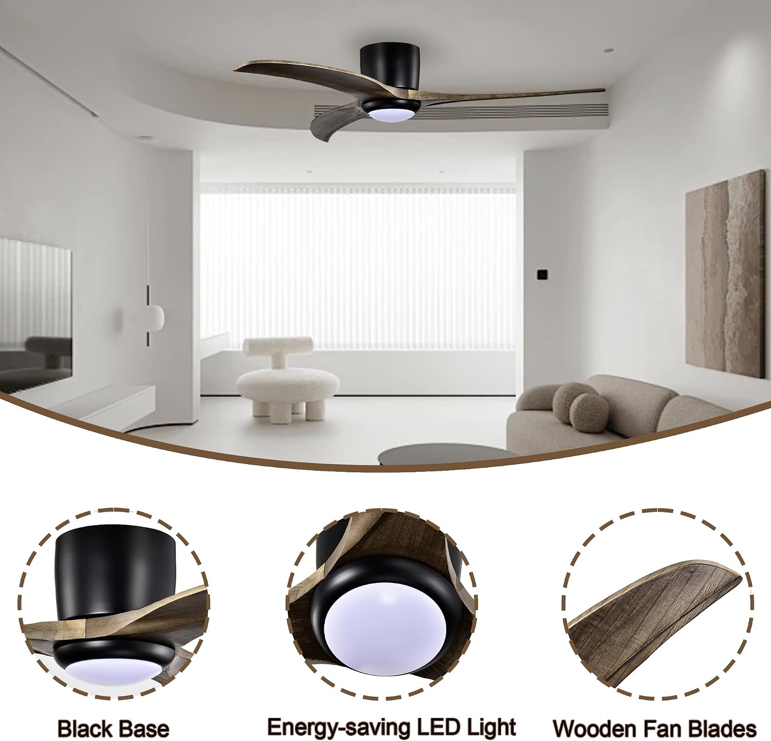 52'' Modern Dimmable Chandelier Fan with Light, Low Profile Flush Mount Ceiling Fan Wooden Fandelier with Remote Reversible DC Motor Ceiling Fan for Bedroom Living Room (Black)