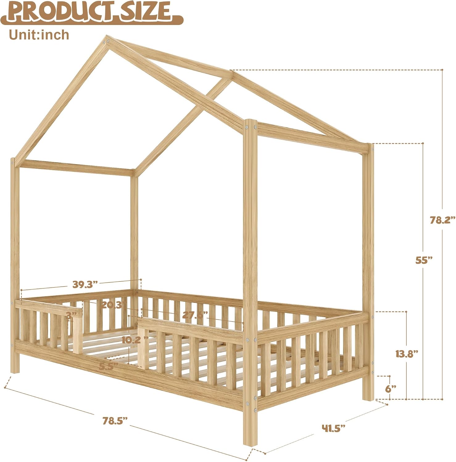 Bellemave Twin House BedFrame with Canopy, Montessori Floor Bed, House Bed with Rails for Kids, Natural