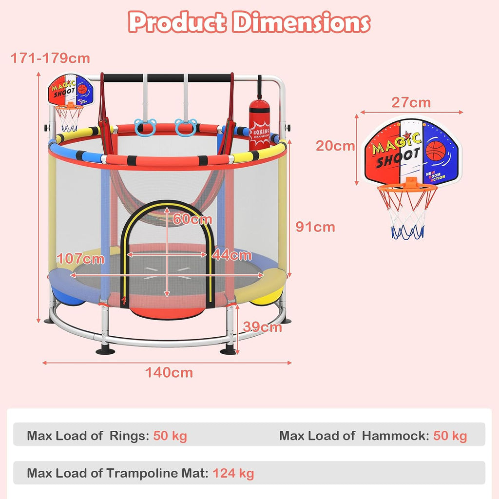 OLAKIDS 55' Trampoline for Kids, Indoor Outdoor Adjustable Toddler Trampoline with Safety Enclosure Net, Baby Recreational Trampolines with Basketball Hoop Hammock Boxing Bag Gymnastic Bar Rings