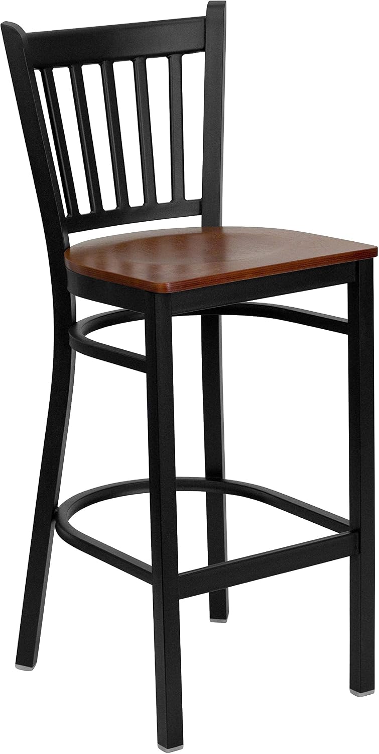 Flash Furniture 2 Pk. HERCULES Series Black Vertical Back Metal Restaurant Barstool - Cherry Wood Seat
