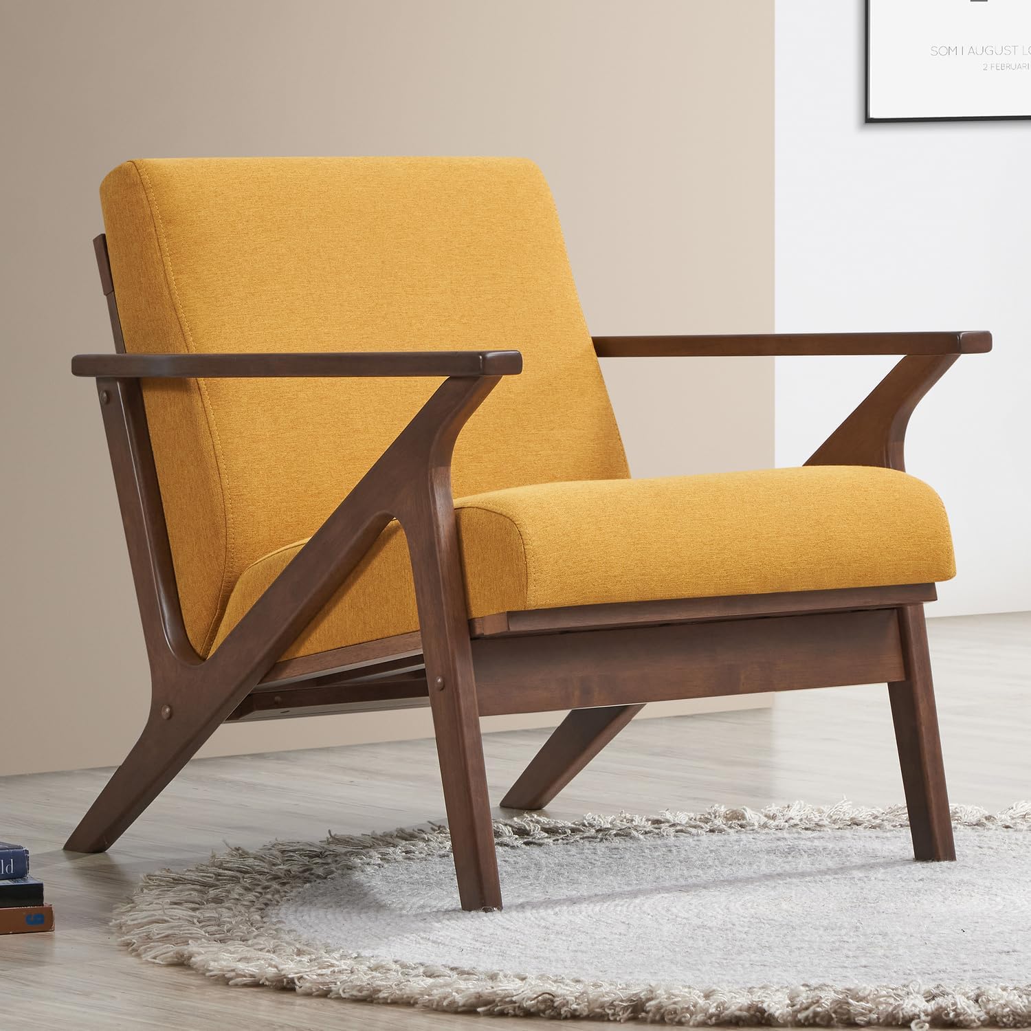 Zola Mid Century Modern Accent Chair Arm Chair: The Perfect Reading, Living Room, and Bedroom Chairs for Modern Home Furniture Use! Solid Wood Frame, Mustard/Walnut