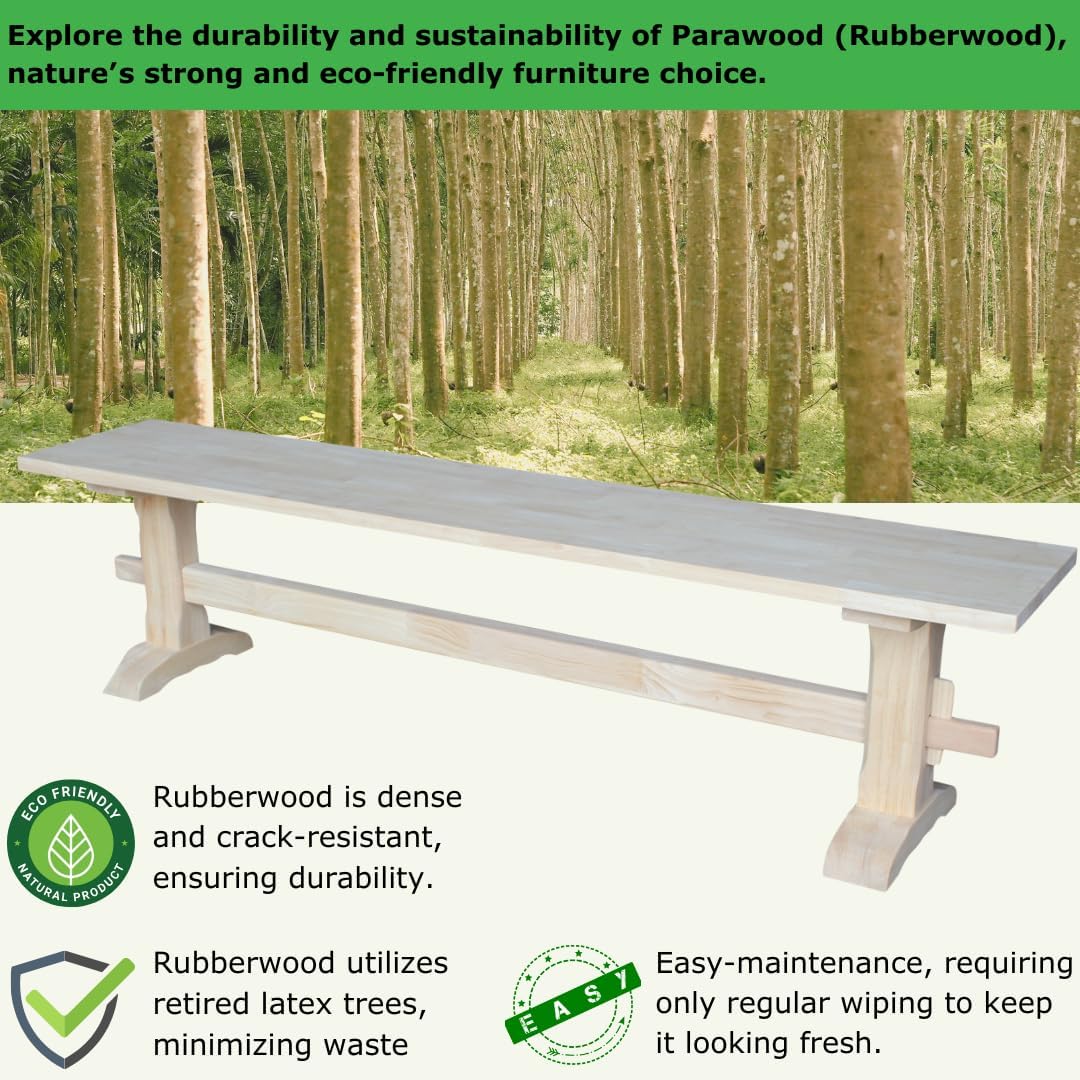 Solid Parawood Trestle Bench Unfinished 72', Kitchen/Dining Furniture, Sturdy & Reliable, Paint or Stain in Any Color, 450 lb Capacity, Entryway, Living Room, Family Room, Breakfast Nook, Unfinished