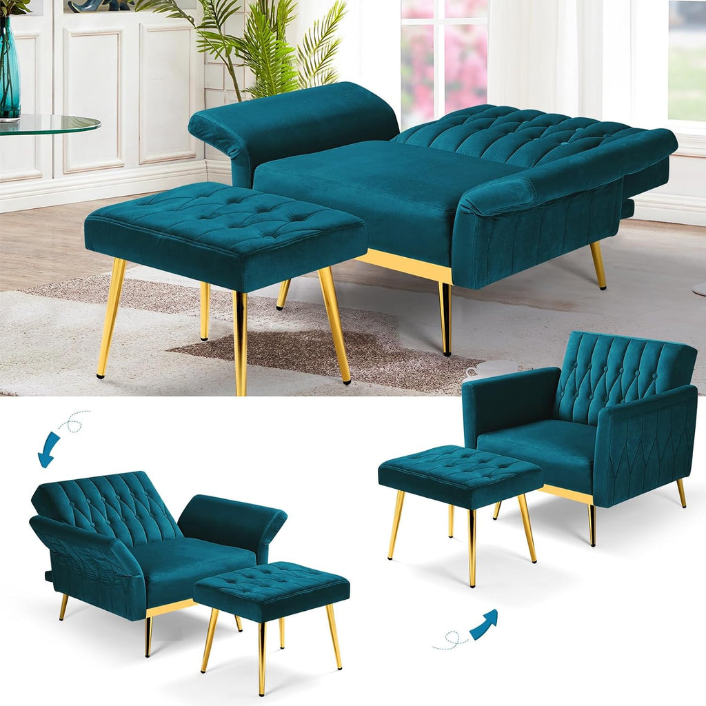 Velvet Accent Chair with Adjustable Armrests and Backrest, Button Tufted Lounge Chair, Single Recliner Armchair with Ottoman and Pillow for Living Room, Bedroom,Teal