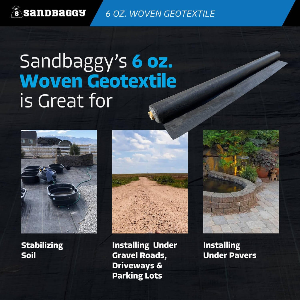 Sandbaggy 6 oz Heavy Duty Woven Geotextile Landscape Fabric (6 ft Wide) | 50 Year Fabric | 2X Thicker | Soil Stabilization & Separation | Roads, Driveways, Retaining Walls (1, 6 ft x 50 ft)
