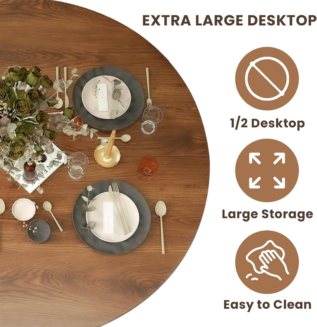 47' Round Dining Table with 2-Tier Hidden Storage - Space Saving Wood Kitchen Table for Small Spaces, Seats 4-6, Mid-Century Modern Circle Design,Brown