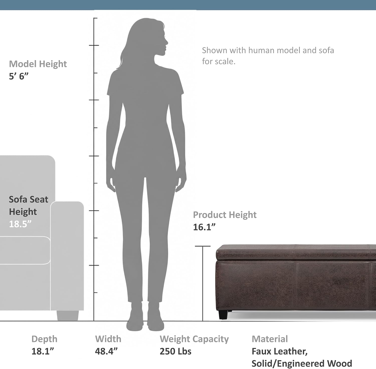 SIMPLIHOME Avalon Storage Ottoman Bench - 48' Wide x 16' High Upholstered Vegan Leather Rectangular Lift-Top Ottoman in Distressed Brown, Contemporary Bench for Living Room with High-Density Foam