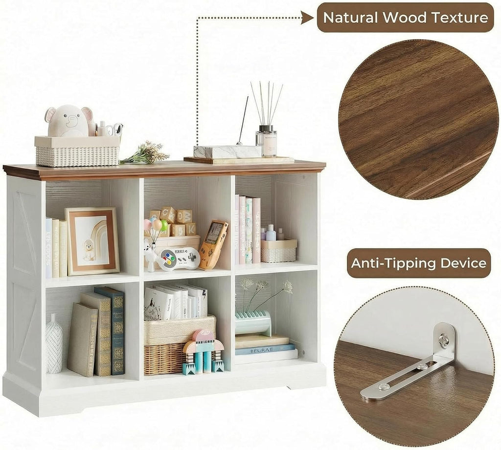 IRONCK 6 Cube Storage Organizer, Wooden Cube Shelf with Storage, Farmhouse Bookcase for Bedroom, Living Room and Home Office, White