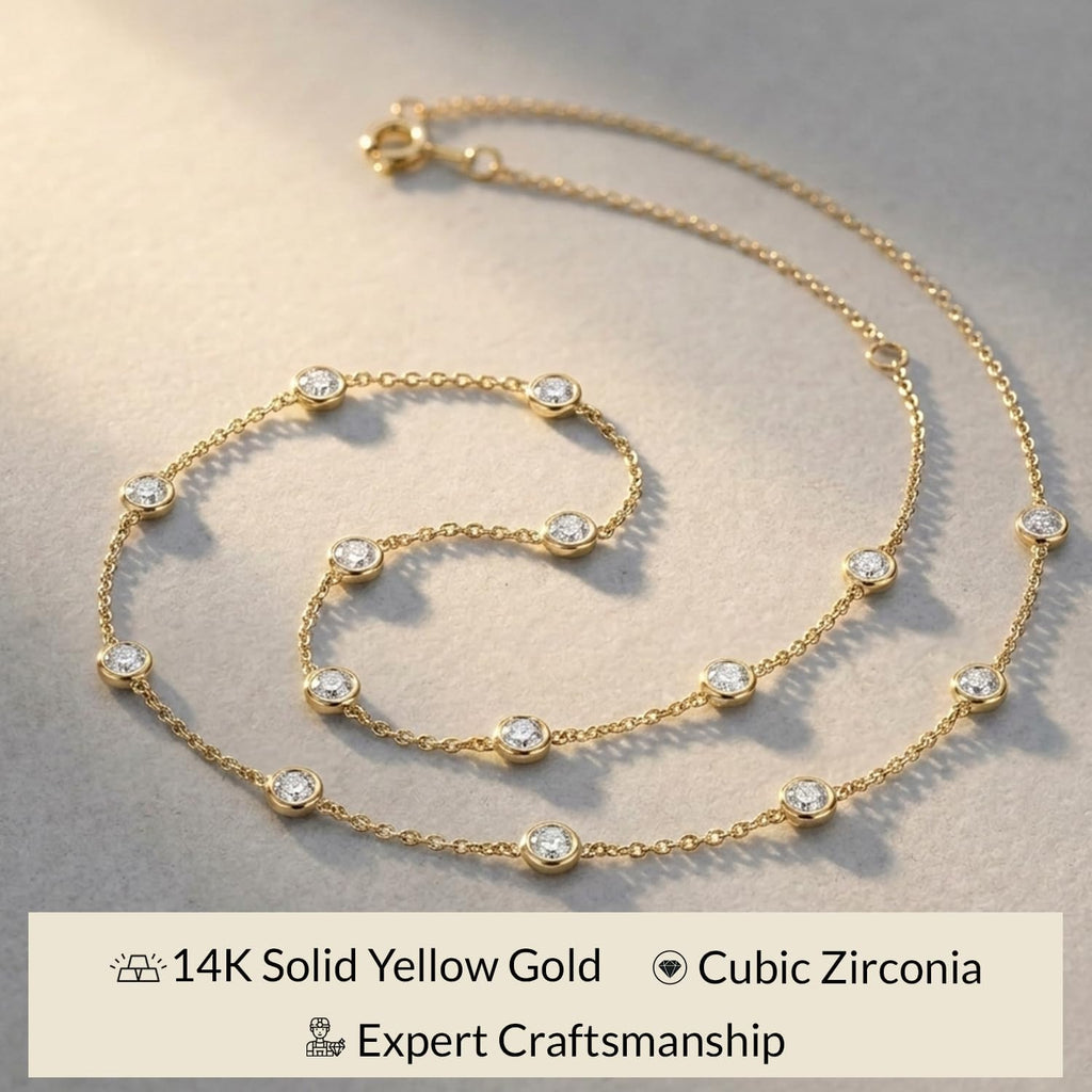 Everyday Elegance 14K White & Yellow Gold Cubic Zirconia Station Cable Chain Necklace for Women | 18' Cable Chain with Spring Ring Clasp | 2 MM, 3.5MM & 4 MM Round CZ Stones | With Jewelry Gift Box