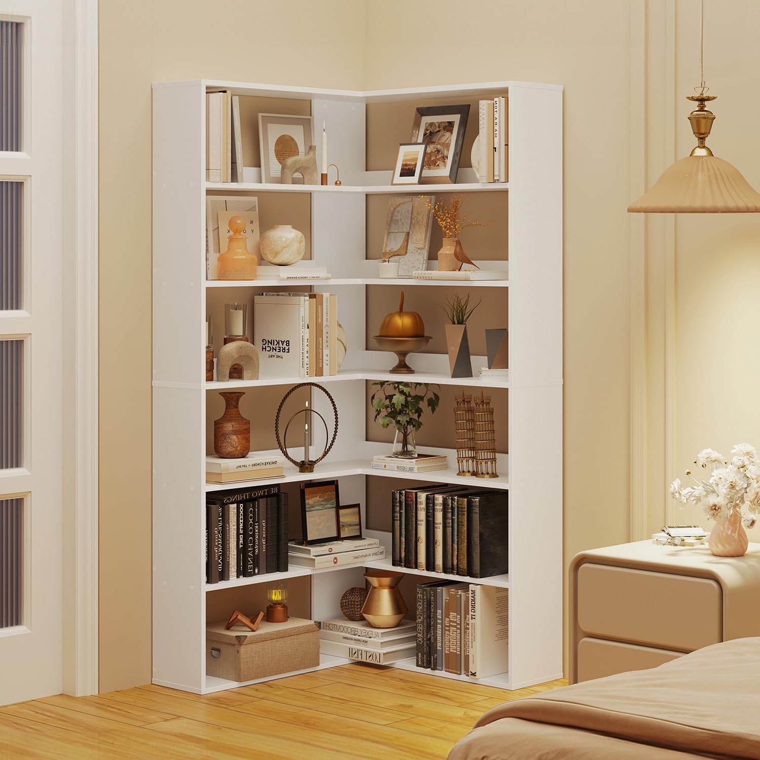 Corner Bookshelf, Freestanding L Shaped Display Shelf, 6 Tiers Bookcase with Baffles, Wooden Bookcase with Storage Organizer for Home Office, Living Room, Bedroom (23.6')