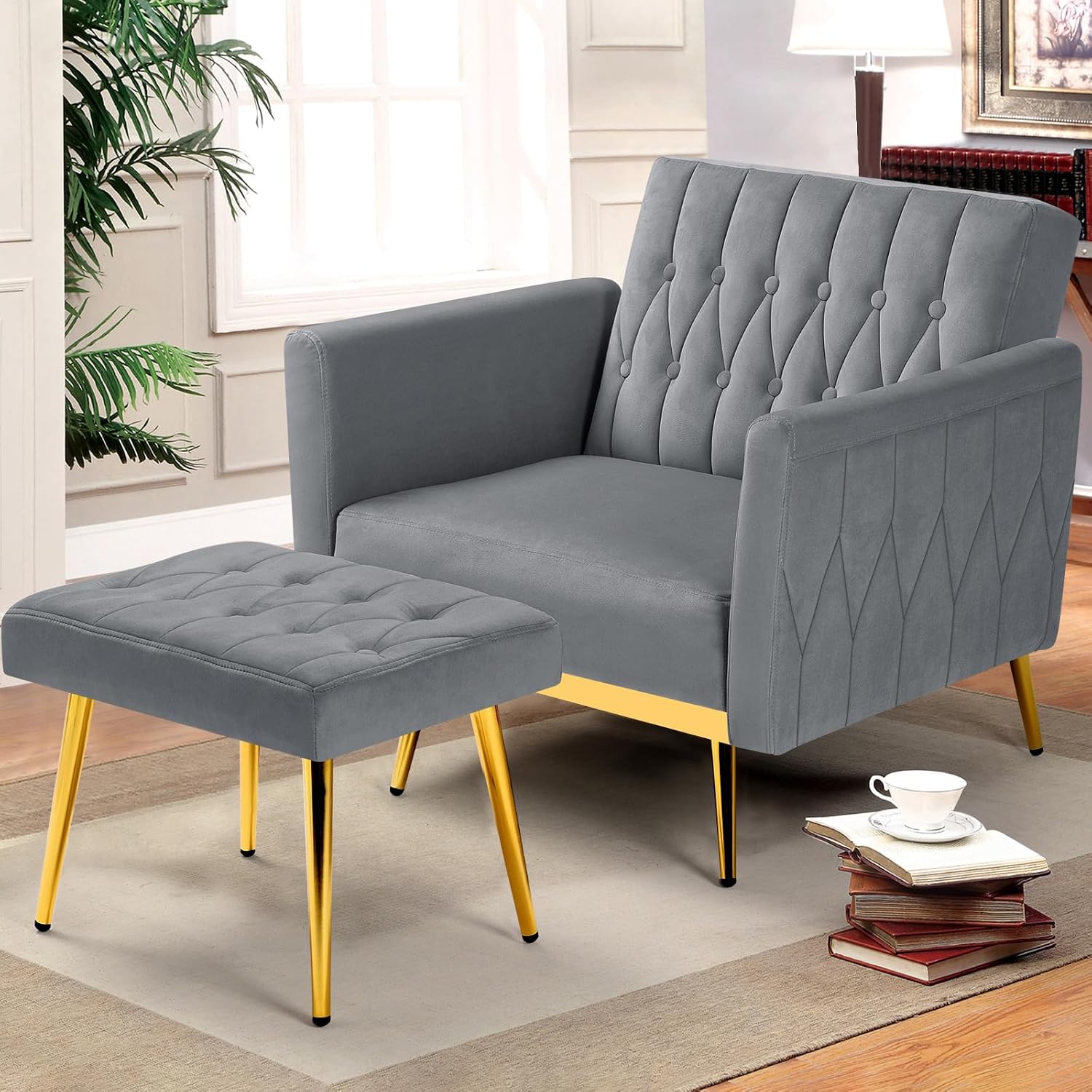 Velvet Accent Chair with Adjustable Armrests and Backrest, Button Tufted Lounge Chair, Single Recliner Armchair with Ottoman and Pillow for Living Room, Bedroom, Grey