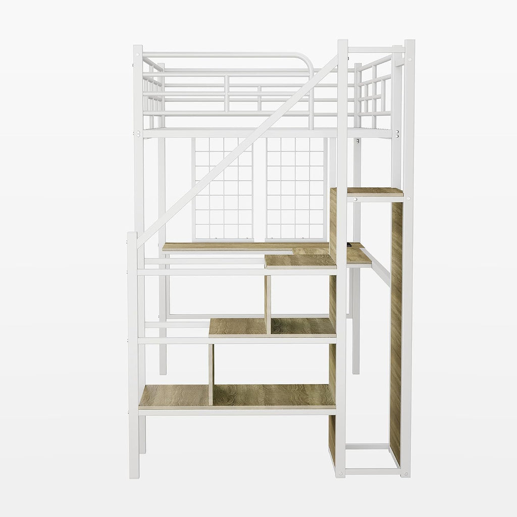 Twin Size Metal Loft Bed with L-Shaped Desk & Storage Wardrobe, Heavy Duty Bed Frame w/Reversible Stairs (Built-in Storage) + USB Port, Space-Saving Noise-Free, No Box Spring Needed