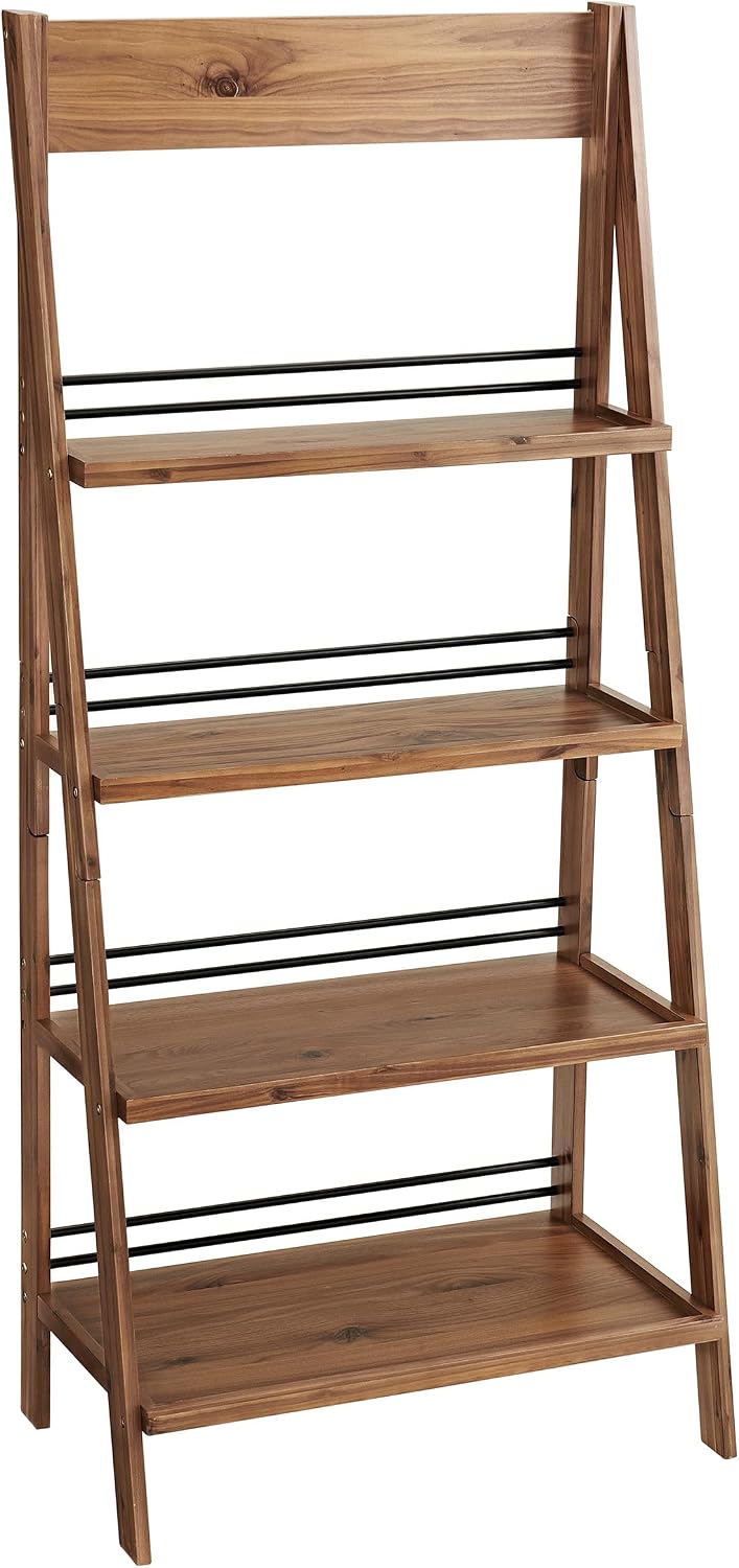 4-Tier Ladder Bookshelf - Freestanding Bookcase with Bar Back Frame - Shelves for Living Room, Kitchen, Bedroom, and Office by Lavish Home (Walnut)