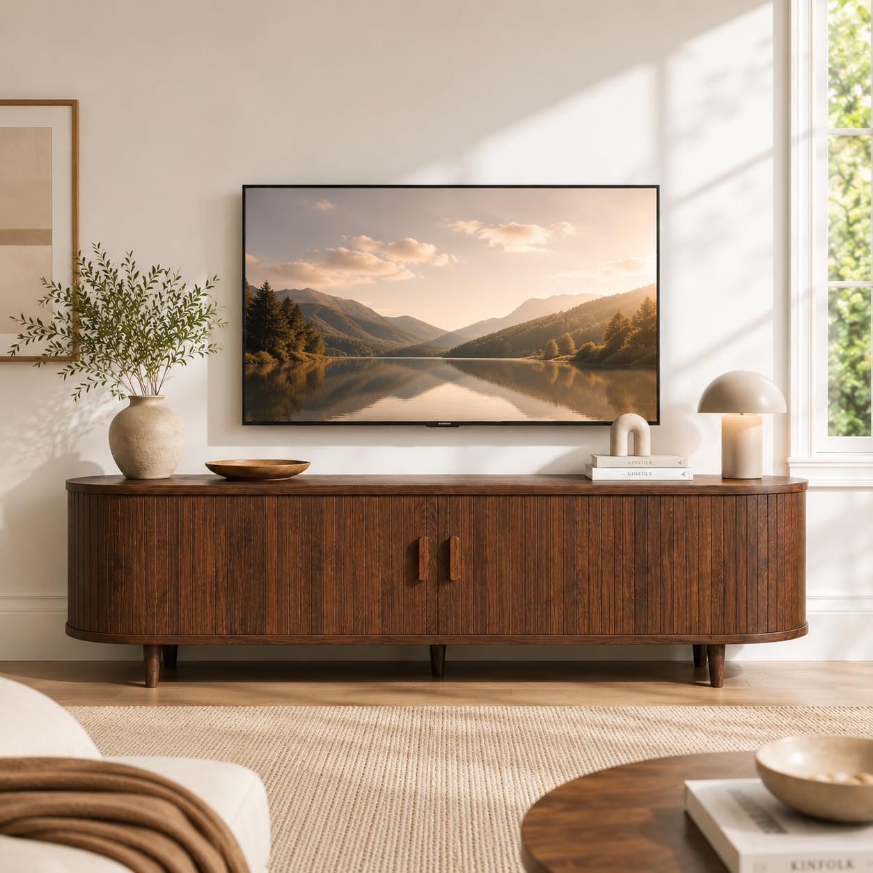 MXV 58' Mid-Century Modern TV Stand with Sliding Doors, TV Consoles with Power Outlet, Fluted Entertainment Center with Adjustable Shelves for Living Room