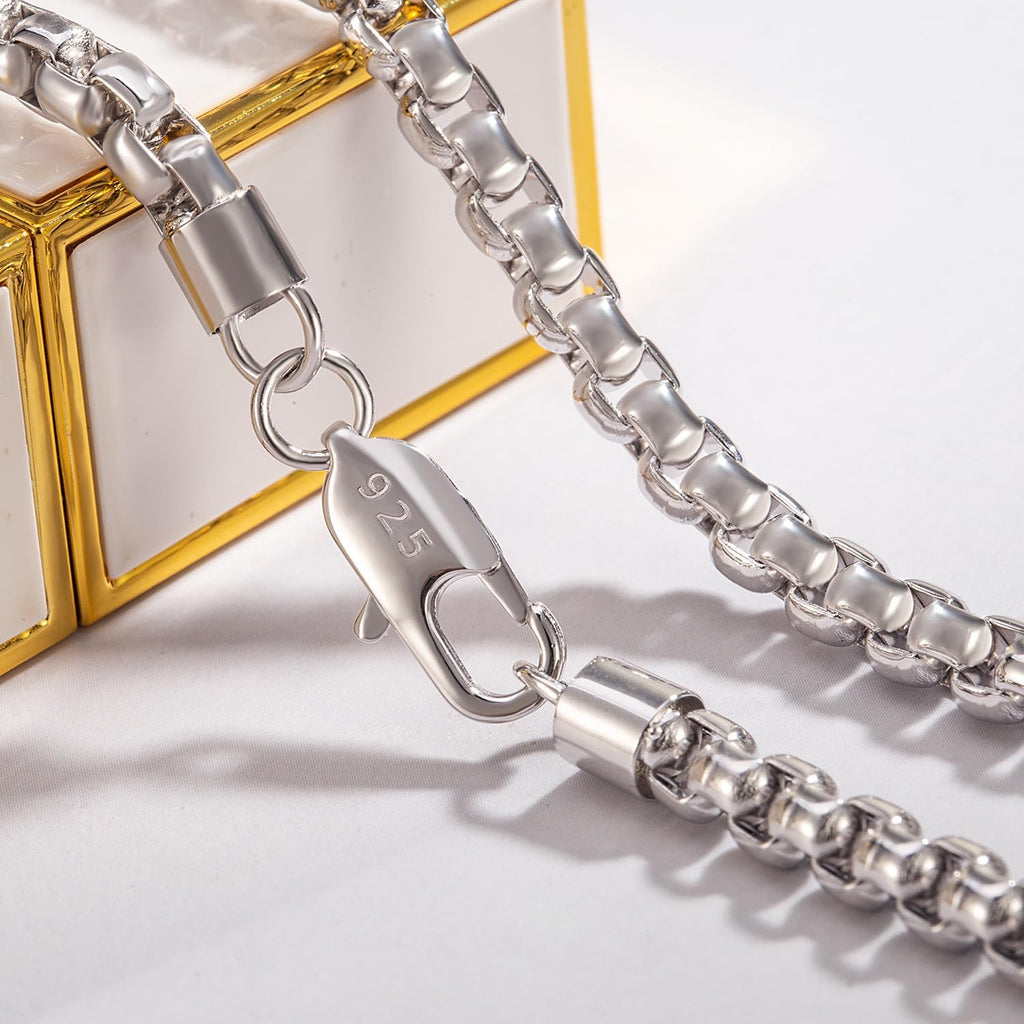 Dankadi Men 925 Sterling Silver 5MM Square Rolo Link Necklace Women Round Box Chain 16' 18' 20' 22' 24' 26' 28' 30' 38' Choker Unisex Jewelry Gift (Silver, 28 inch)