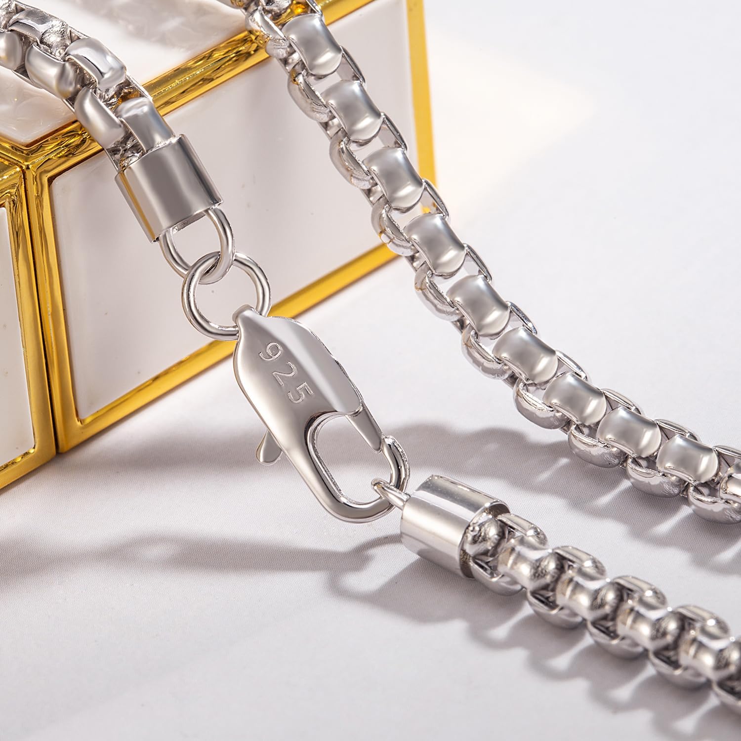 Dankadi Men 925 Sterling Silver 5MM Square Rolo Link Necklace Women Round Box Chain 16' 18' 20' 22' 24' 26' 28' 30' 38' Choker Unisex Jewelry Gift (Silver, 28 inch)
