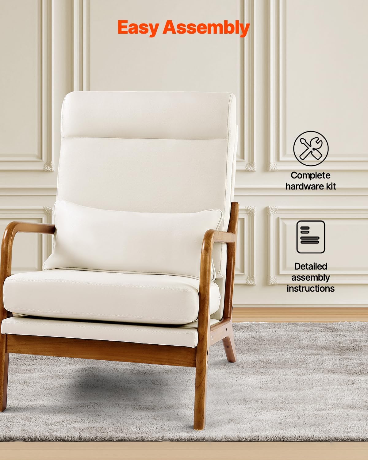 VEVOR Accent Chair, High Back Mid Century Modern Armchair with Solid Wood Frame and Non-Slip Legs, Upholstered Leisure Chair with Linen Fabric and 5.3 in Thickened Cushion, for Living Room, Bedroom