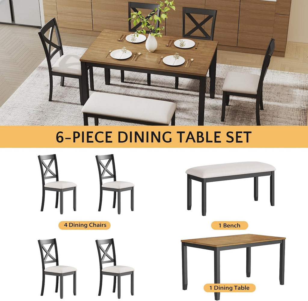 Zevemomo 6-Piece Solid Wood Dining Table Set, Including 1 Dining Table, 4 Upholstered Chairs and 1 Bench, Farmhouse Wooden Legs Dining Table Set for Living Room, Kitchen, Black