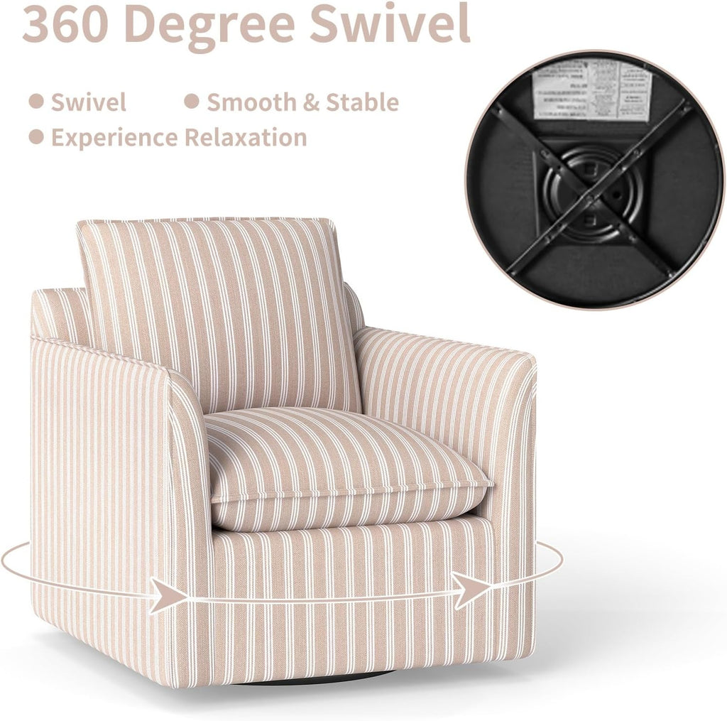INZOY Swivel Accent Square Chair with Thick Padded Backrest Cushion, Swivel Reading Chair for Living Room Bedroom Small Spaces, Brown Stripe